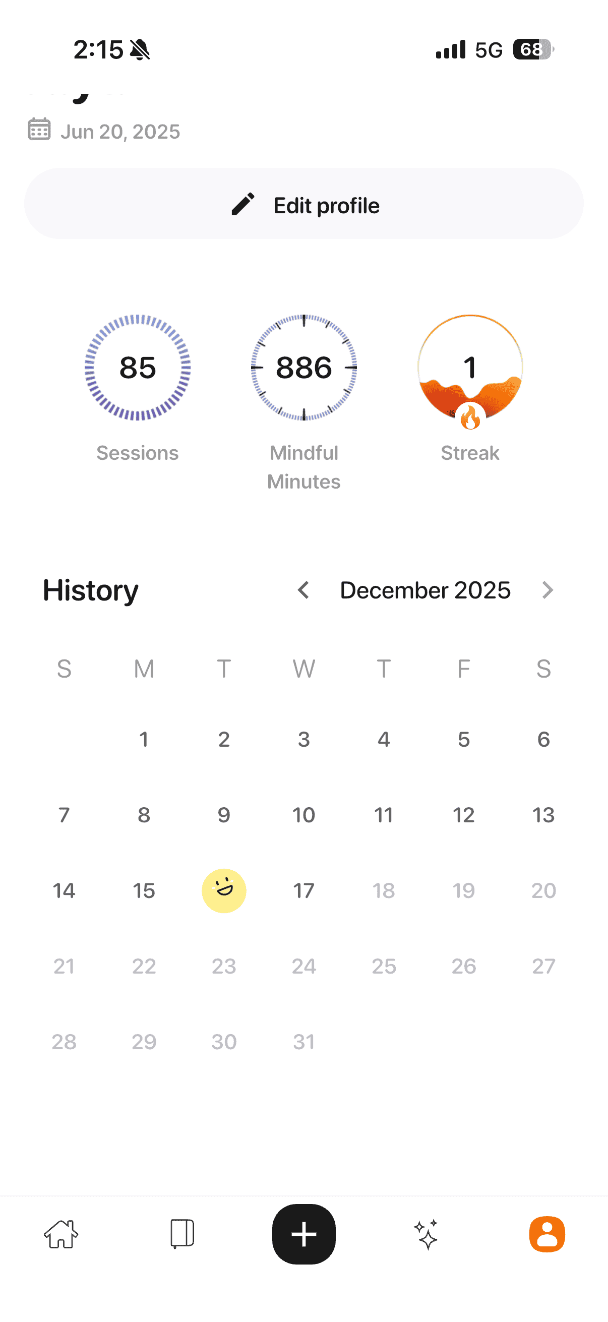 Progress dashboard showing streaks, mindful minutes, and session count